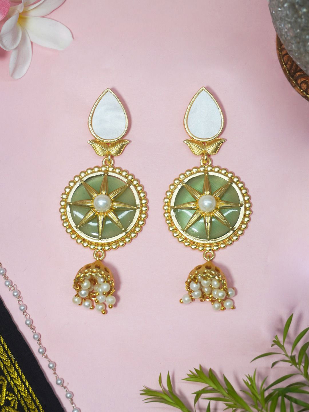 

Niscka Gold-Plated Circular Stone-Studded Drop Earrings, Green