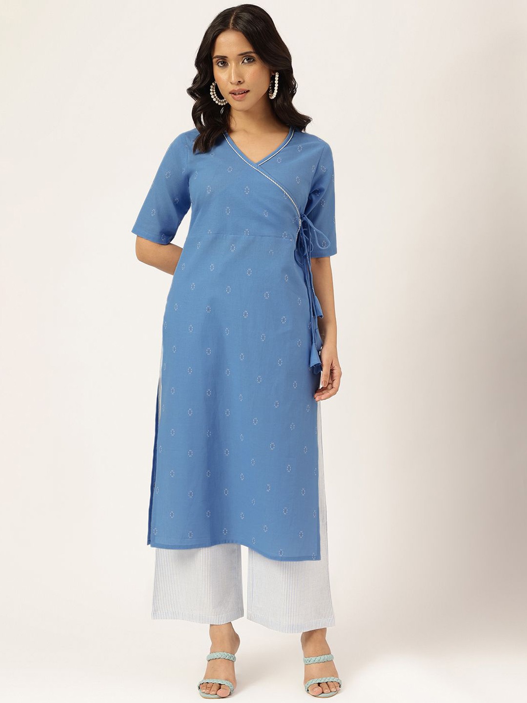 

SPARSA Ethnic Motifs Woven Design V-Neck Angrakha Pure Cotton Kurta with Palazzo, Blue