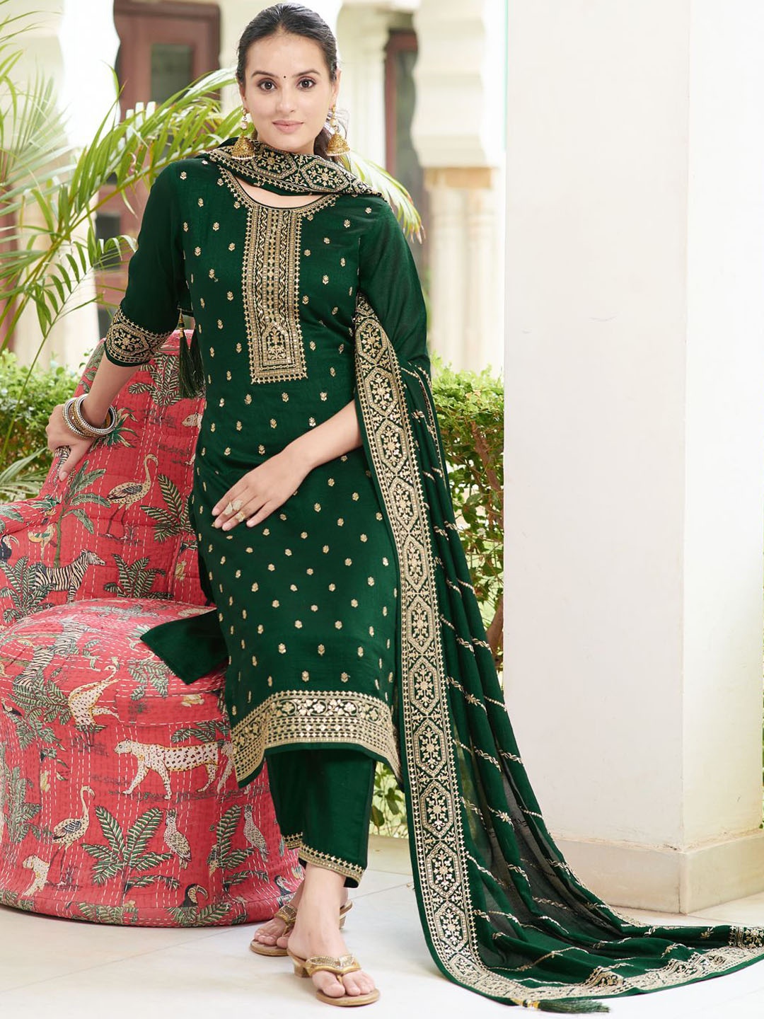 

KALINI Embroidered Regular Sequinned Straight Kurta with Trousers & With Dupatta, Green