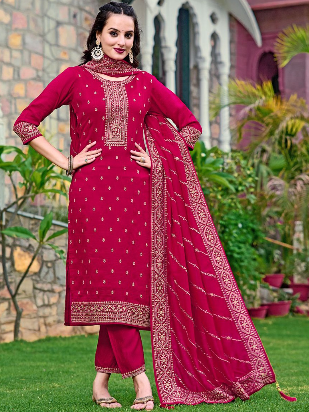 

KALINI Floral Embroidered Regular Sequinned Straight Kurta with Trousers & With Dupatta, Pink