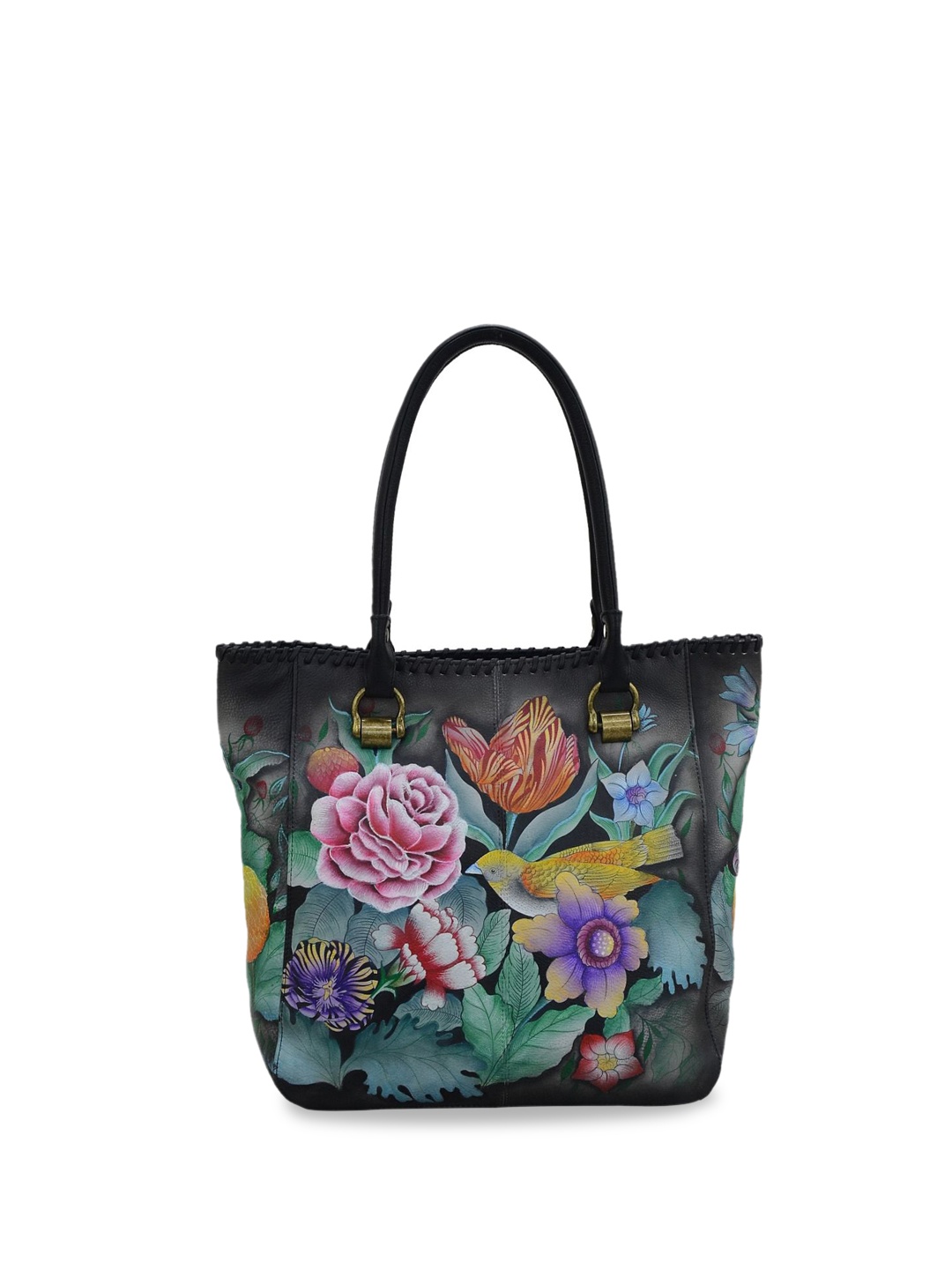 

Anuschka Floral Embellished Leather Structured Tote Bag, Black