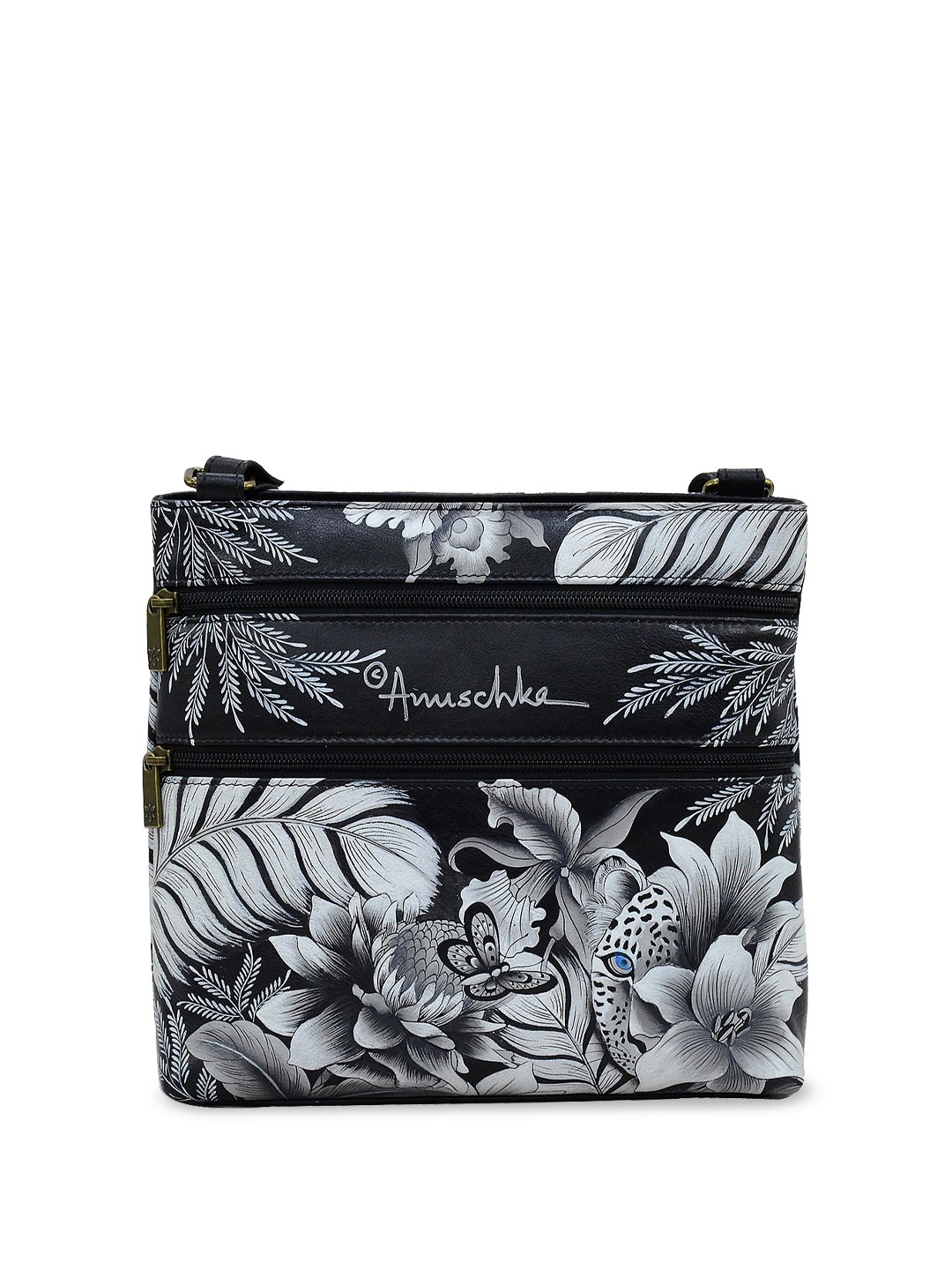 

Anuschka Floral Printed Leather Structured Sling Bag with Quilted, Black