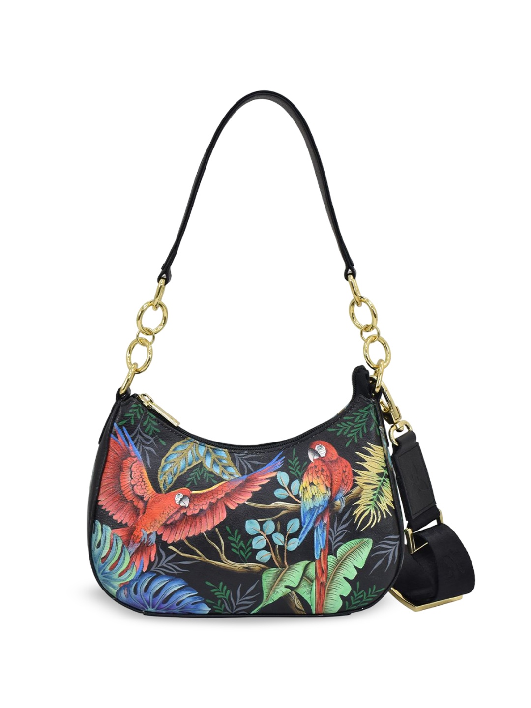 

Anuschka Floral Printed Leather Half Moon Shoulder Bag, Black