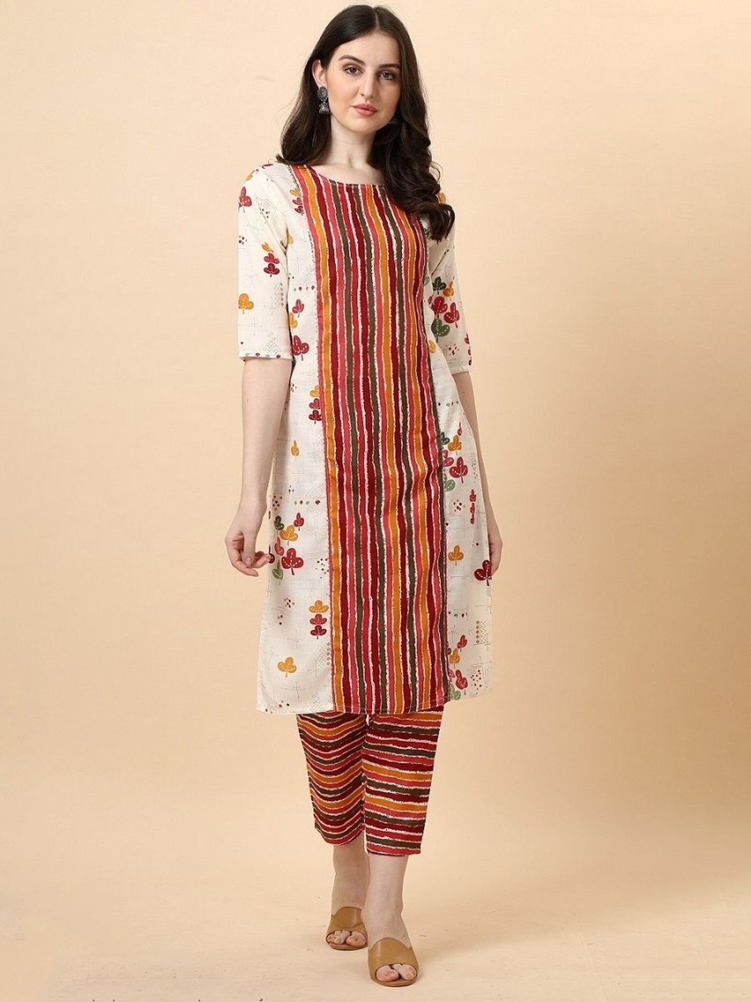 

KALINI Round Neck Floral Printed Regular Kurta with Pyjamas, Cream