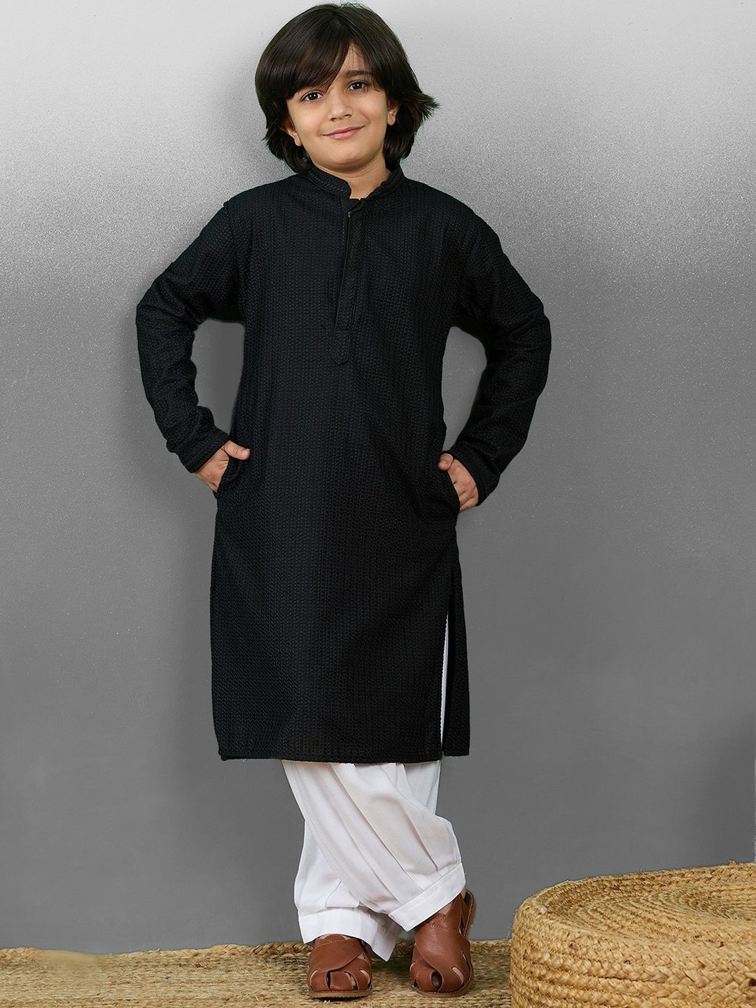 

YK Boys Embroidered Straight Chikankari Cotton Kurta with Pyjamas, Black