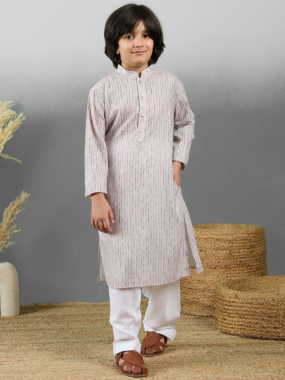 

YK Boys Printed Straight Cotton Kurta With Pyjamas, Beige