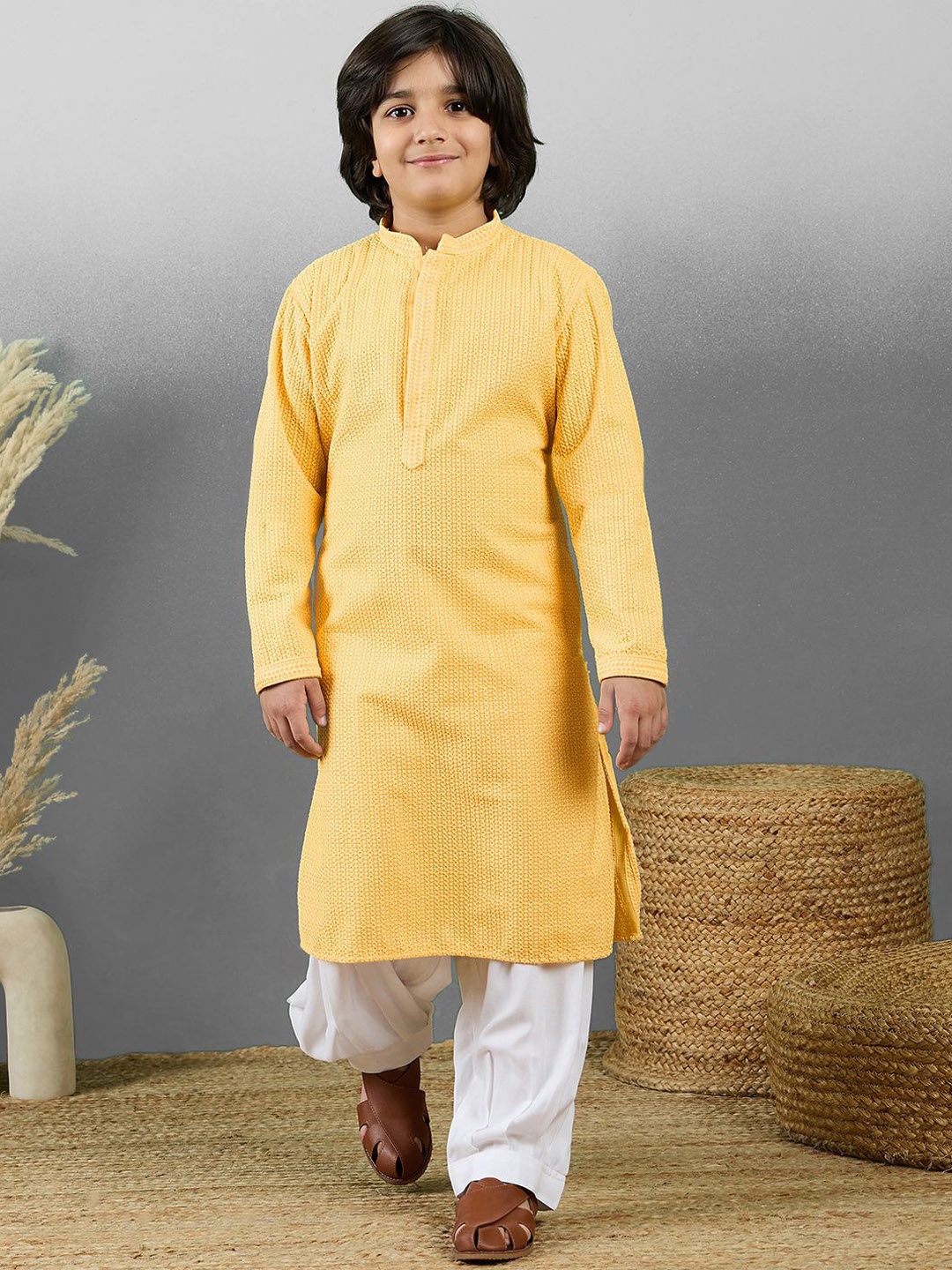 

YK Boys Embroidered Straight Chikankari Cotton Kurta with Pyjamas, Yellow