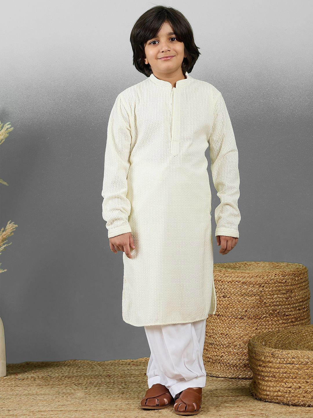 

YK Boys Embroidered Straight Chikankari Cotton Kurta with Pyjamas, Off white