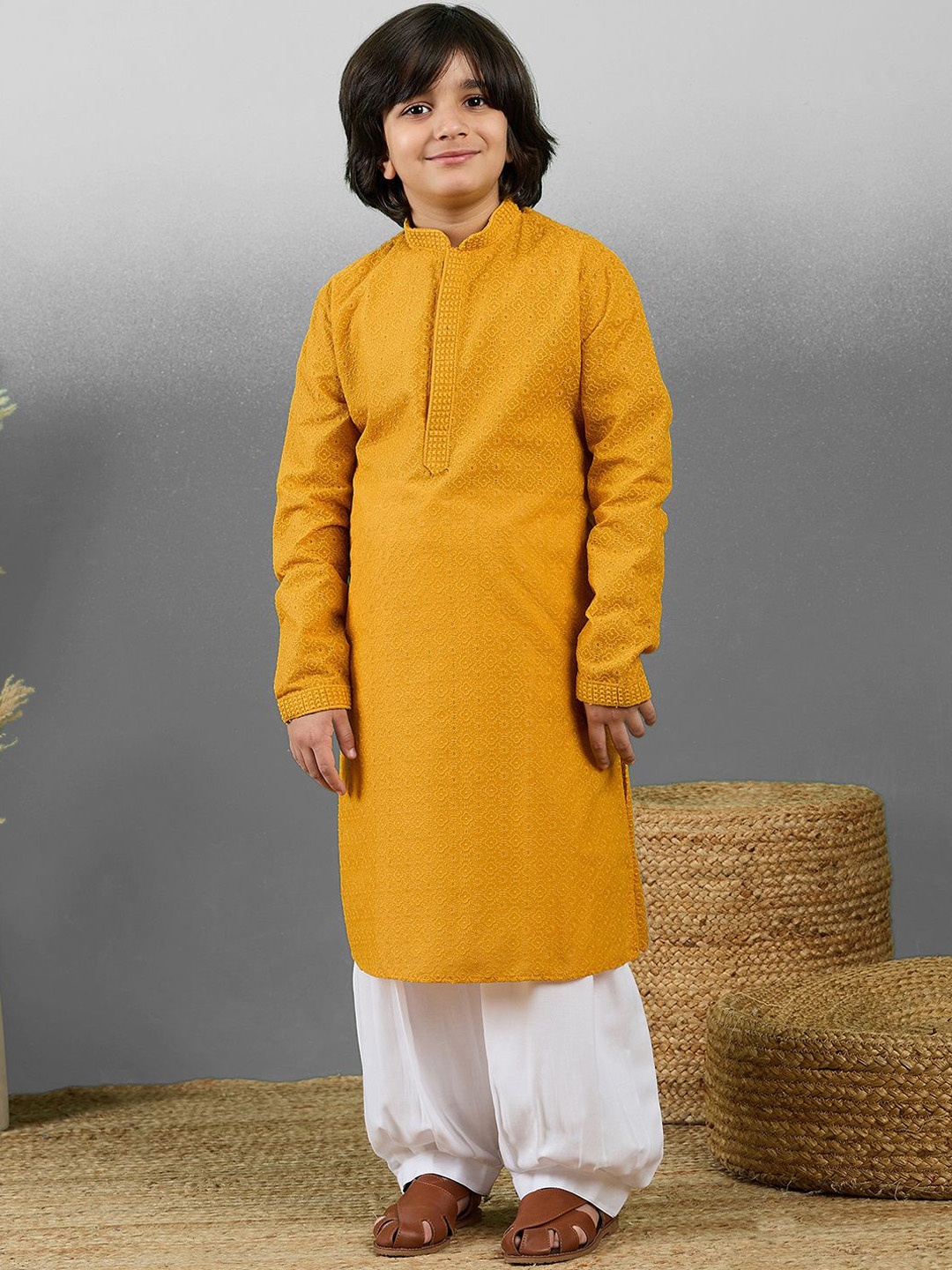 

YK Boys Ethnic Motifs Embroidered Straight Chikankari Cotton Kurta with Pyjamas, Mustard