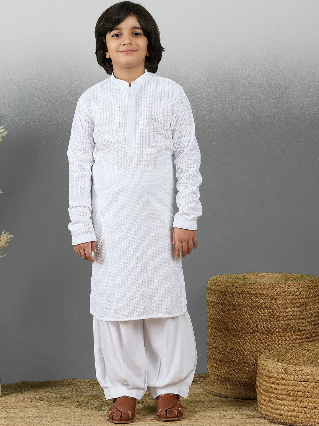 

YK Boys Embroidered Straight Chikankari Cotton Kurta with Pyjamas, White
