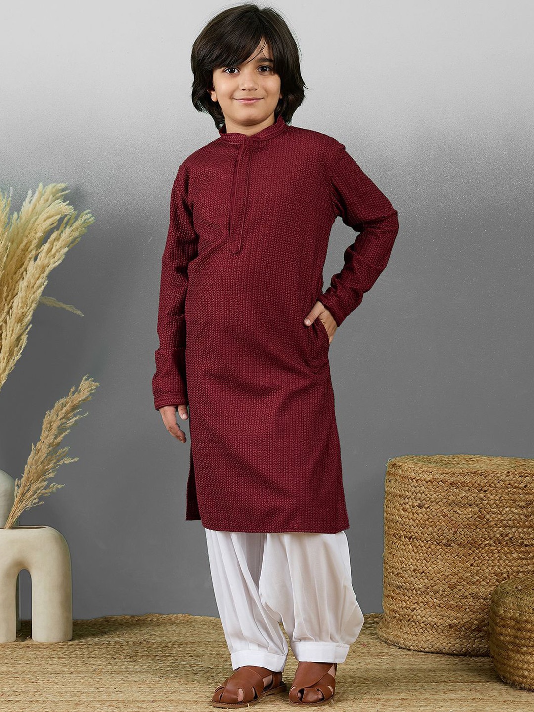 

YK Boys Embroidered Straight Chikankari Cotton Kurta with Pyjamas, Maroon