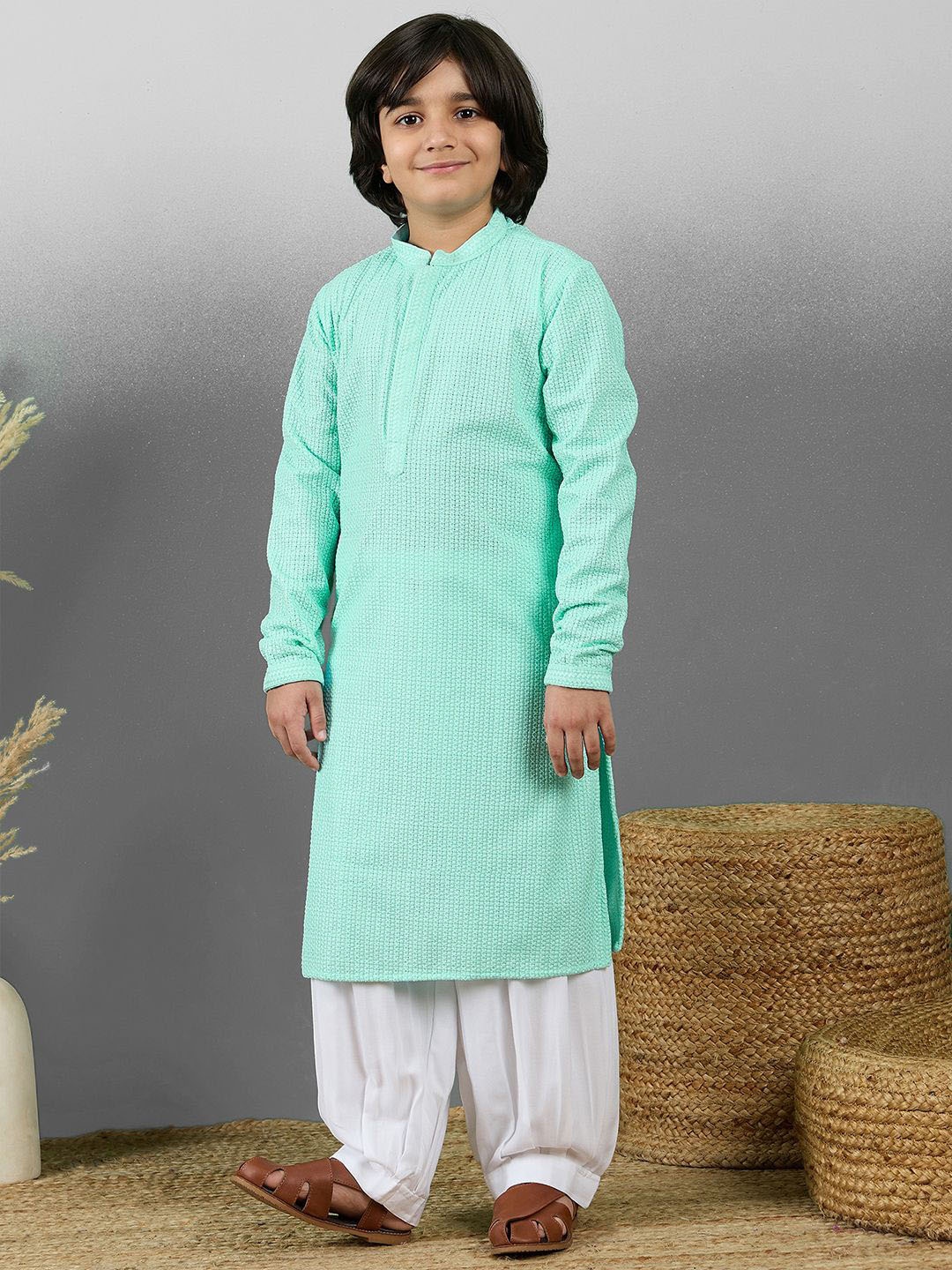 

YK Boys Embroidered Straight Chikankari Cotton Kurta with Pyjamas, Sea green