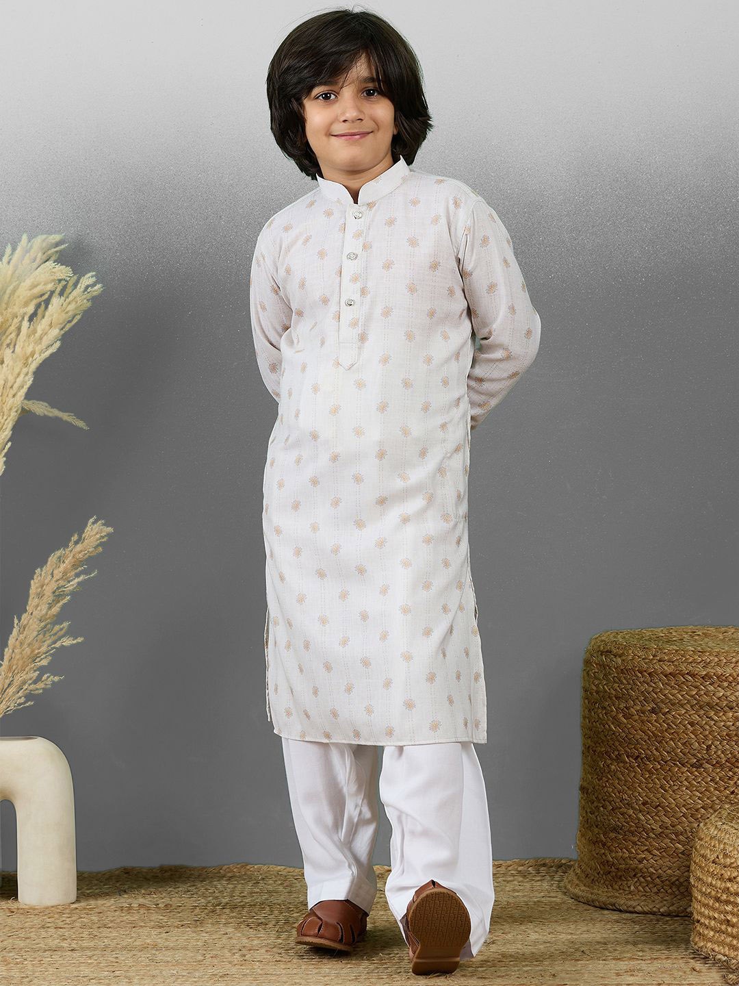 

YK Boys Ethnic Motif Printed Straight Cotton Kurta with Pyjamas, Beige