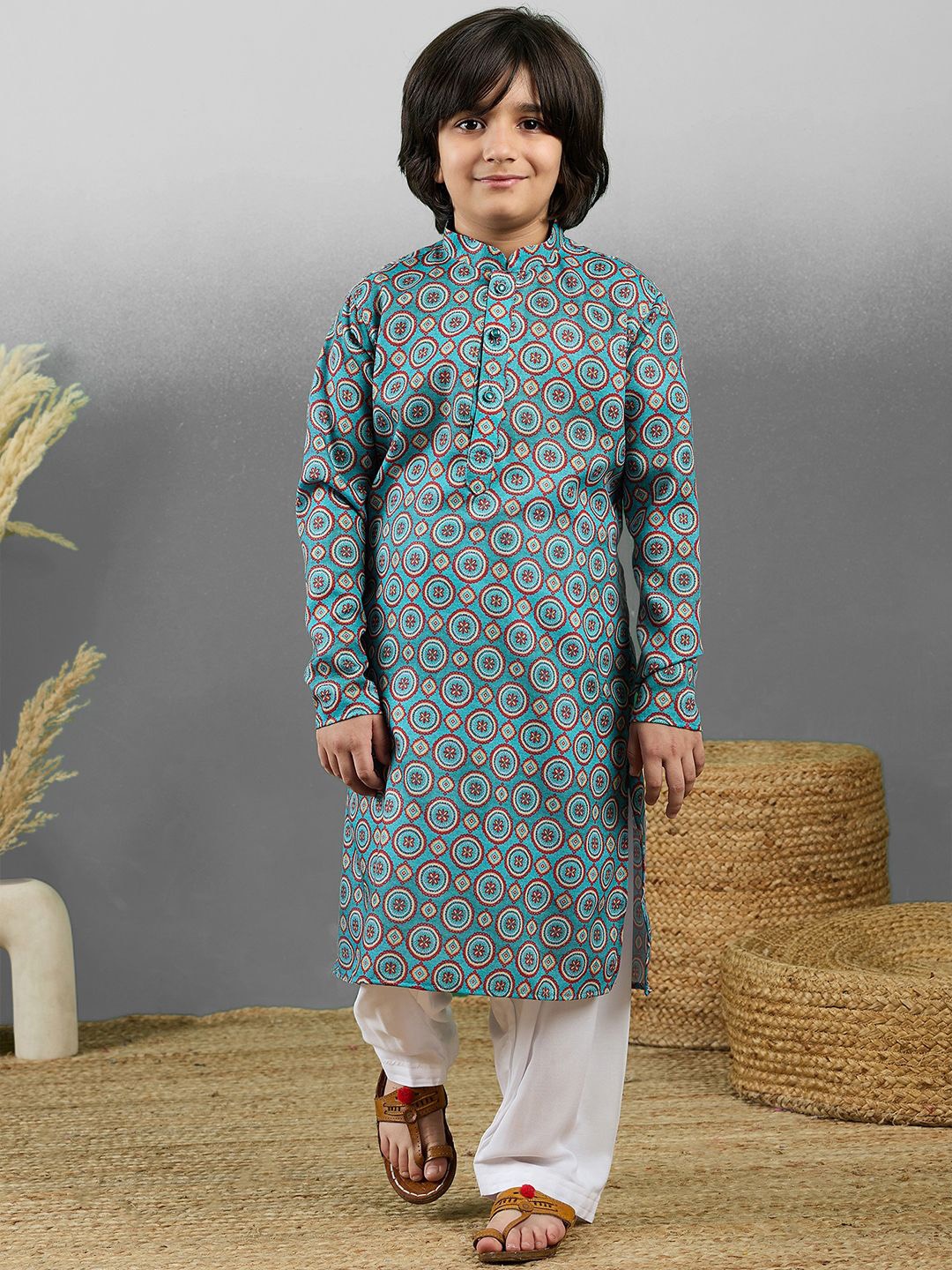 

YK Boys Printed Straight Cotton Kurta with Pyjamas, Blue