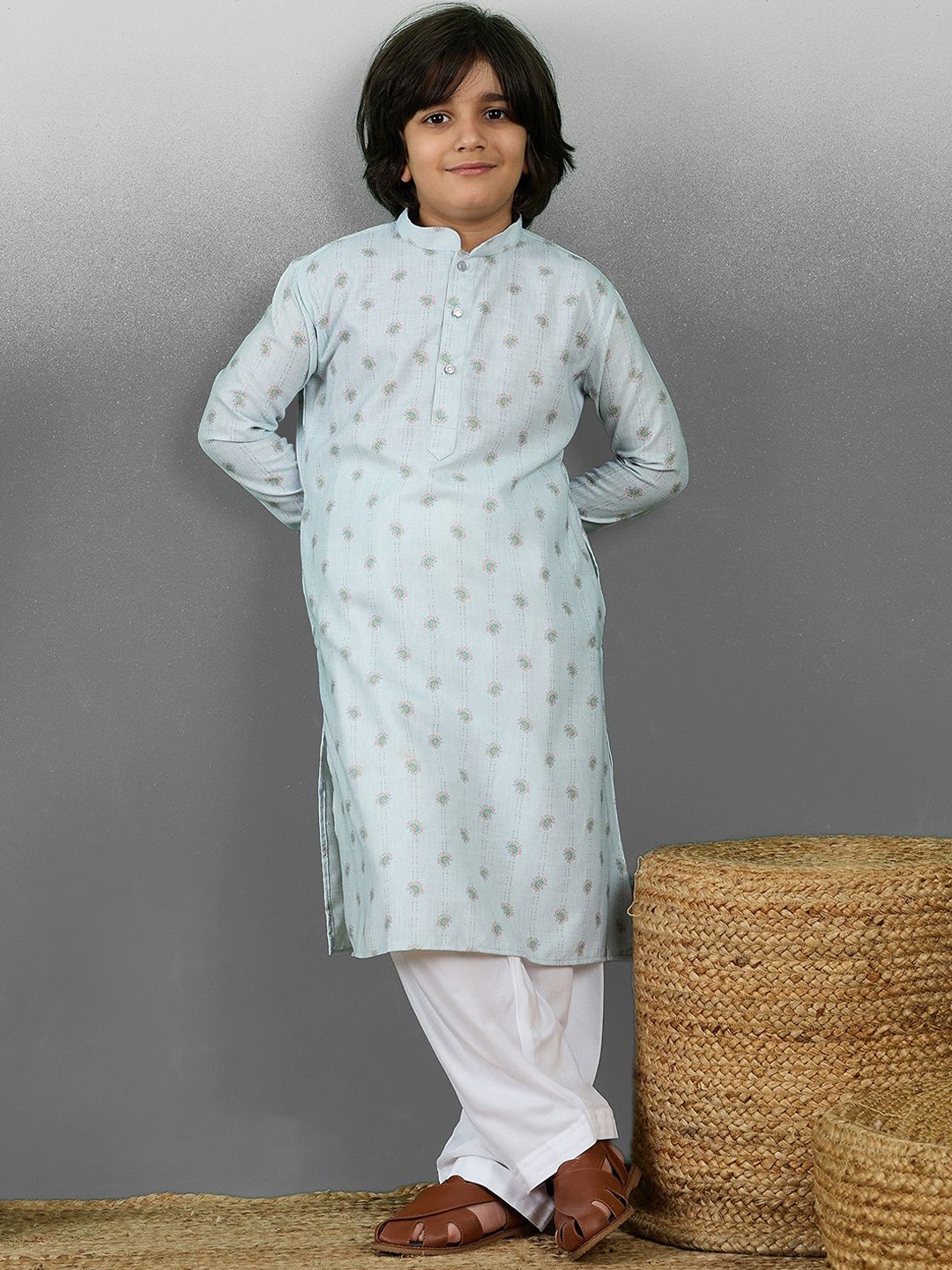 

YK Boys Ethnic Motifs Printed Straight Cotton Kurta with Pyjamas, Blue