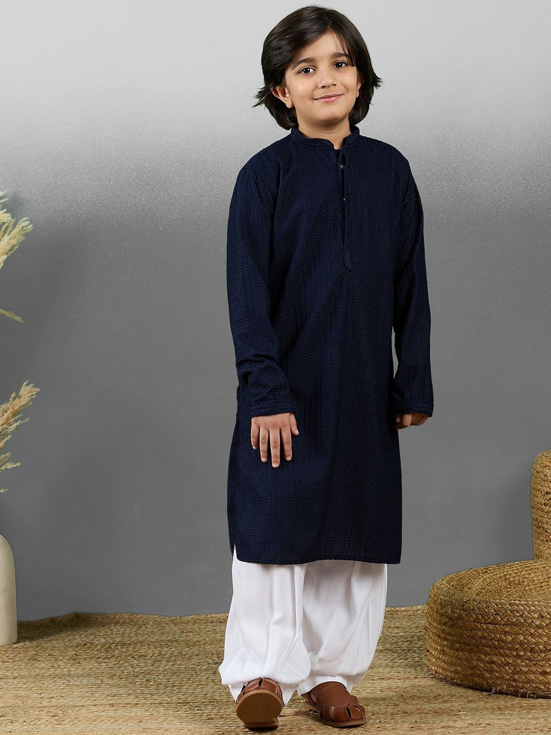 

YK Boys Embroidered Straight Chikankari Cotton Kurta with Pyjamas, Blue