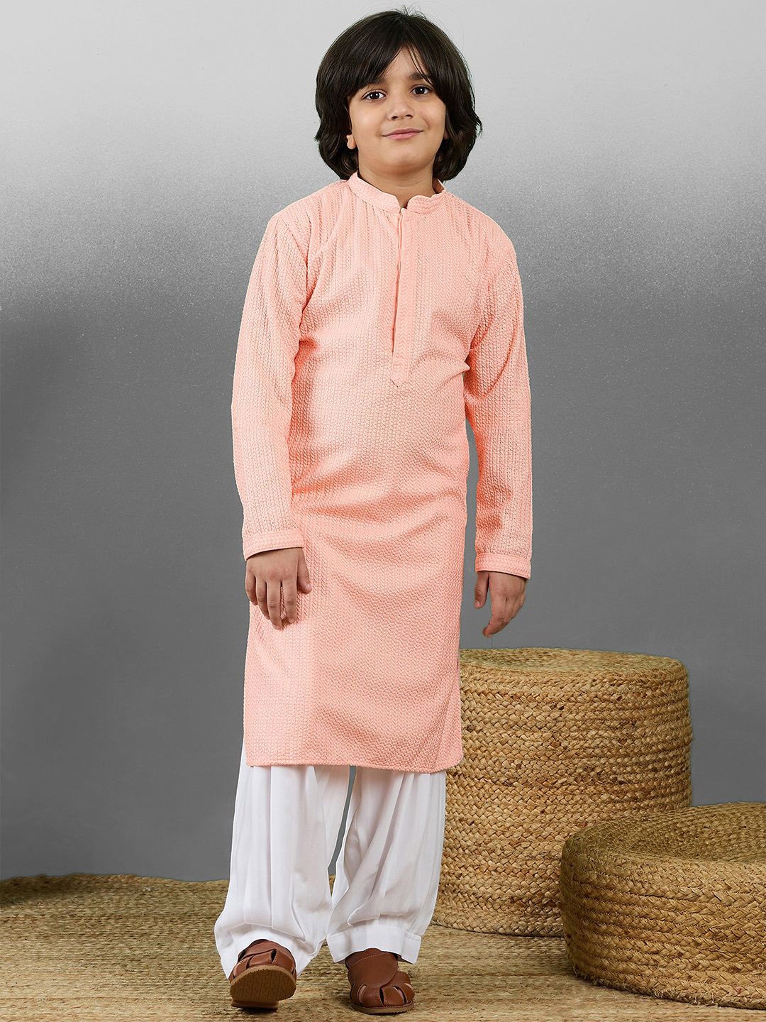 

YK Boys Embroidered Regular Chikankari Cotton Kurta with Pyjamas, Pink