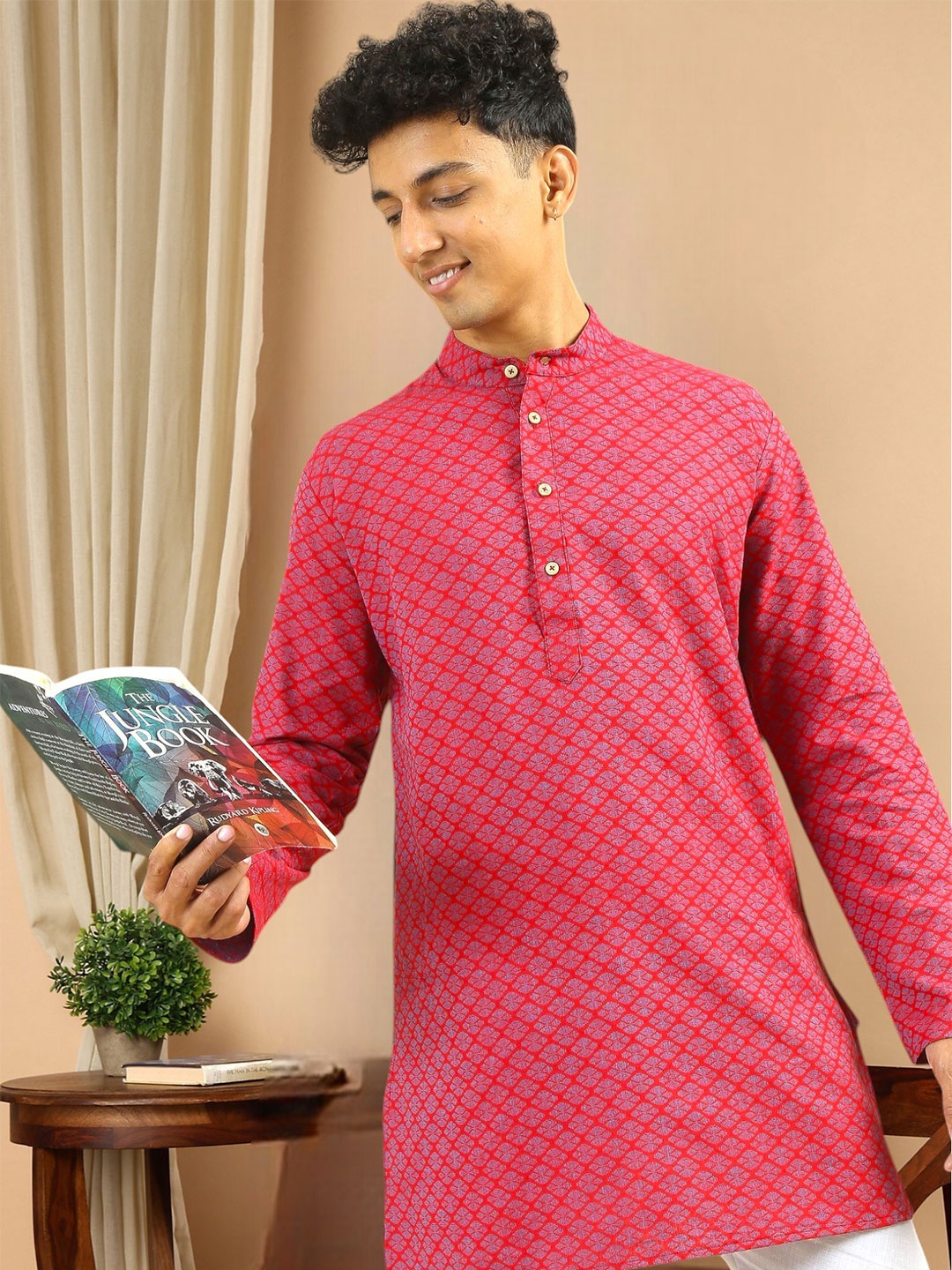 

TATTVA Ethnic Motifs Woven Design Mandarin Collar Pure Cotton Straight Kurta, Red