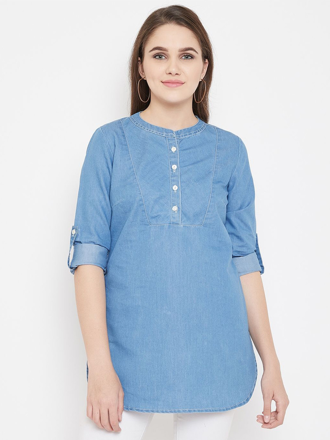 

BAESD Roll-Up Sleeves Denim Shirt Style Top, Blue