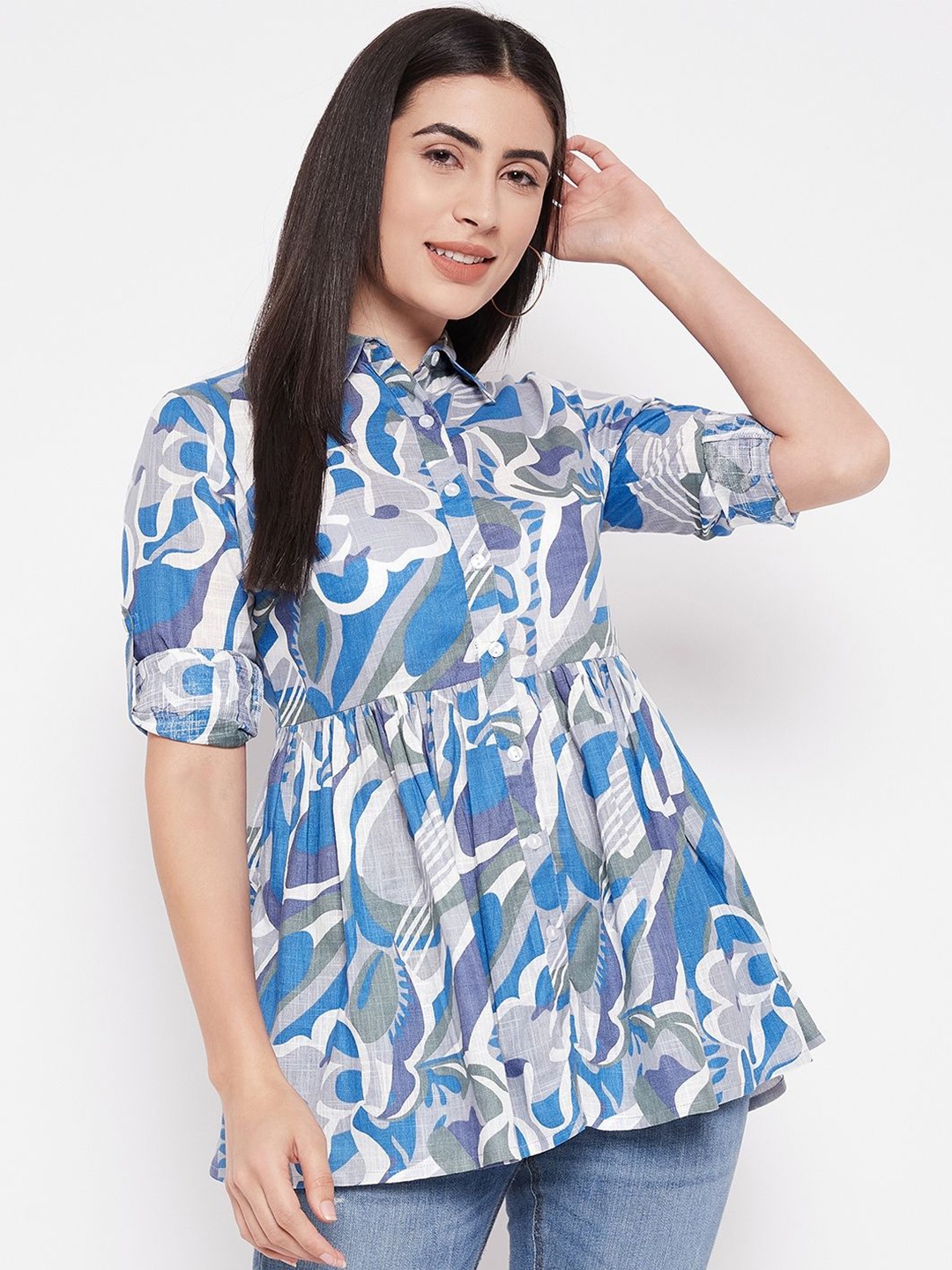 

BAESD Floral Print Cotton Shirt Style Top, Blue