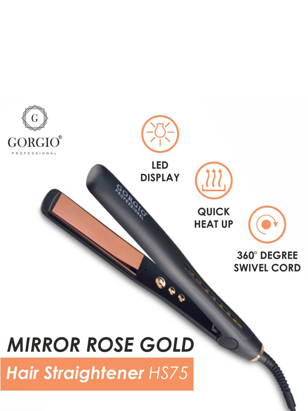 

GORGIO PROFESSIONAL Mirror Rose Gold Hair Straightener HS75, Black