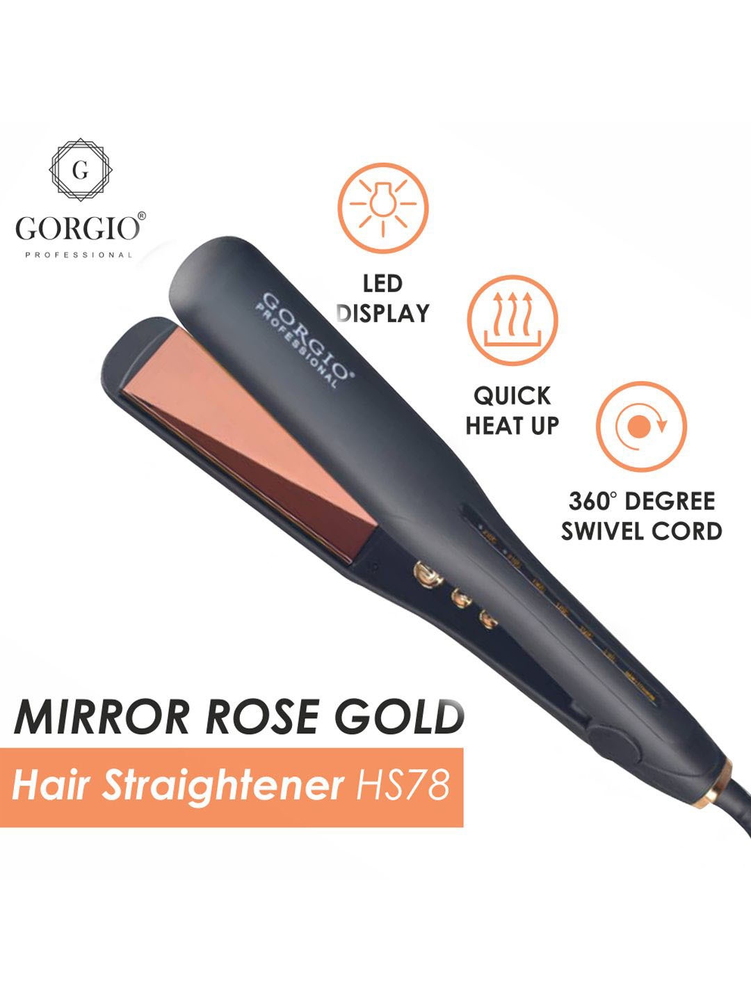 

GORGIO PROFESSIONAL Mirror Rose Gold Hair Straightener HS78, Black