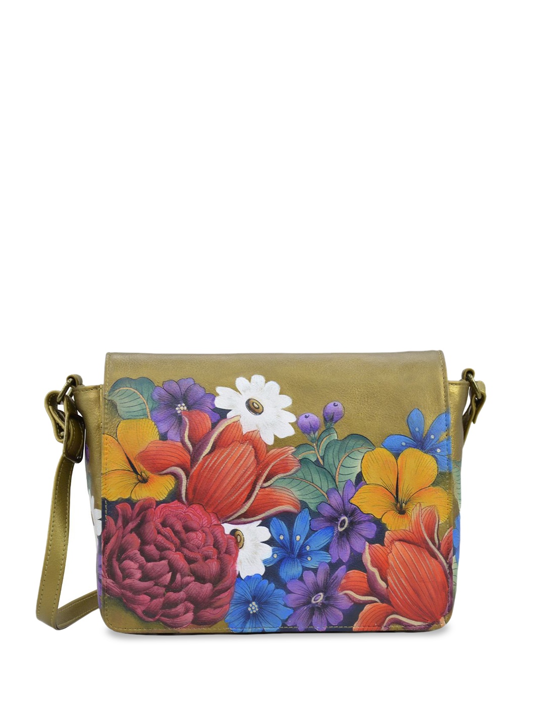 

Anuschka Floral Printed Leather Structured Sling Bag, Gold