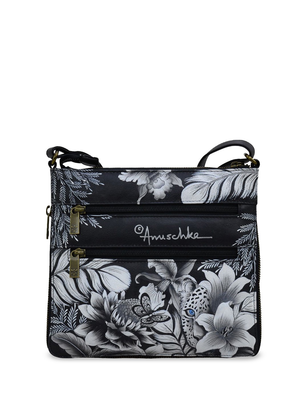

Anuschka Floral Printed Leather Structured Sling Bag, Black