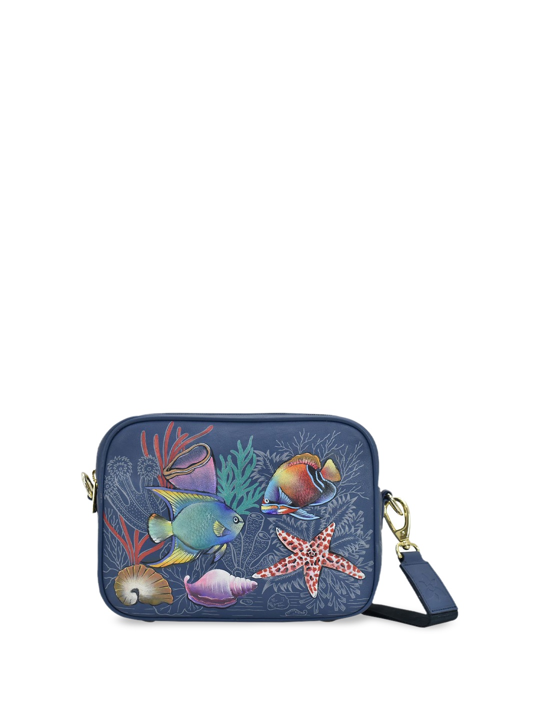 

Anuschka Floral Embellished Leather Structured Sling Bag with Applique, Navy blue