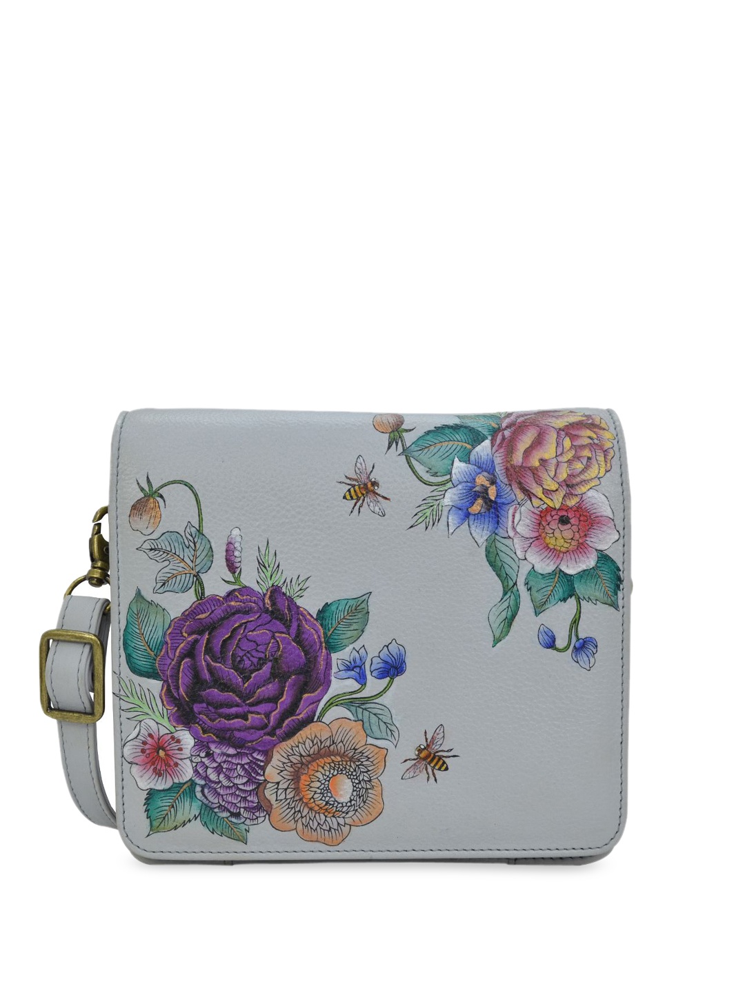 

Anuschka Floral Printed Leather Structured Sling Bag, Grey