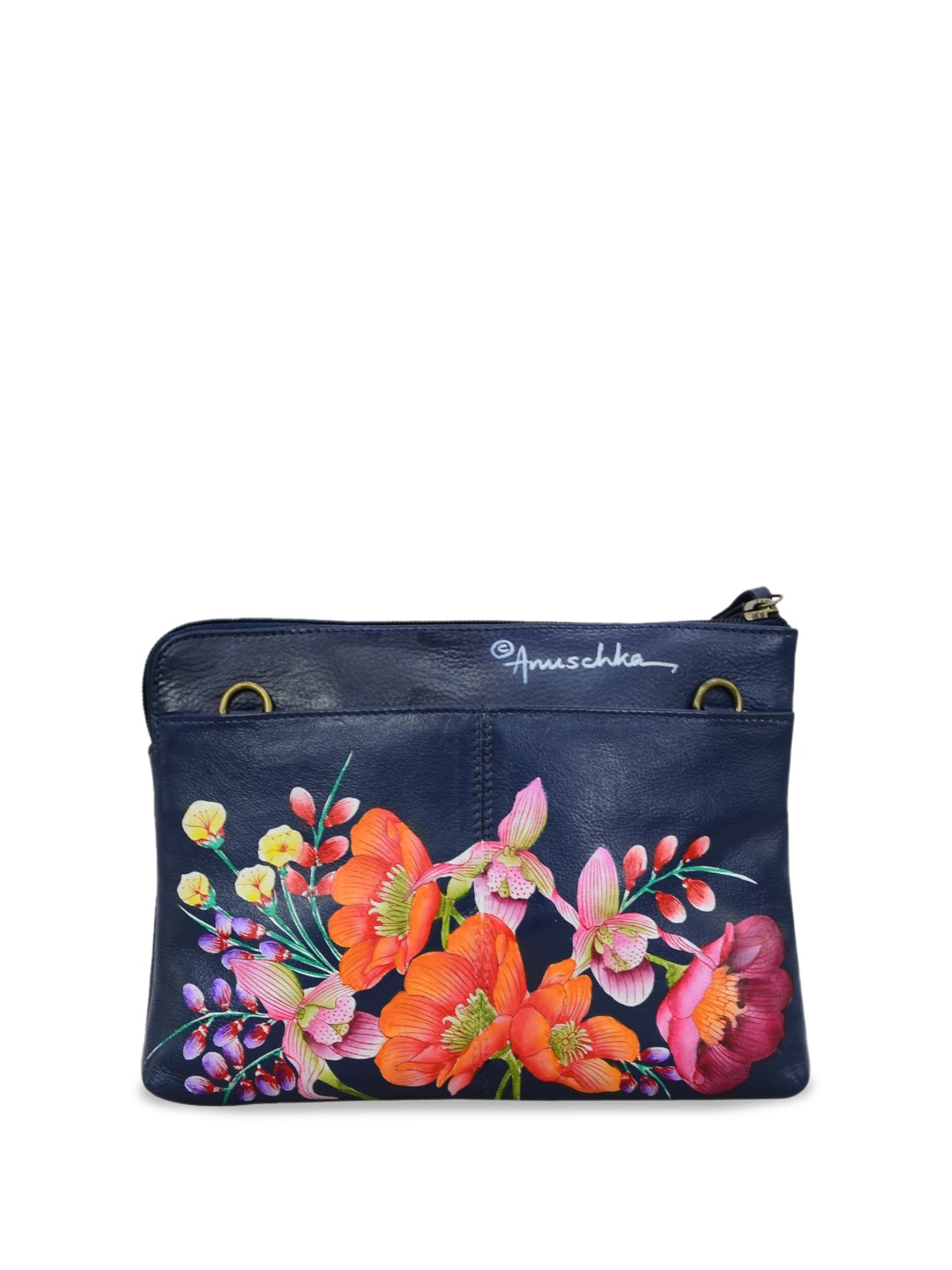 

Anuschka Floral Printed Leather Structured Sling Bag, Navy blue