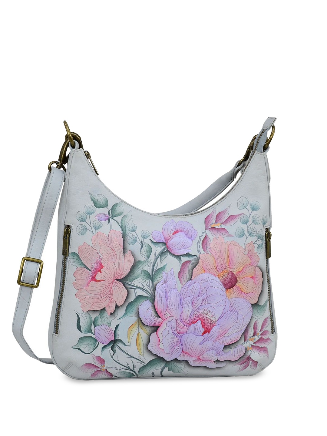 

Anuschka Floral Printed Leather Bucket Sling Bag with Applique, Grey melange