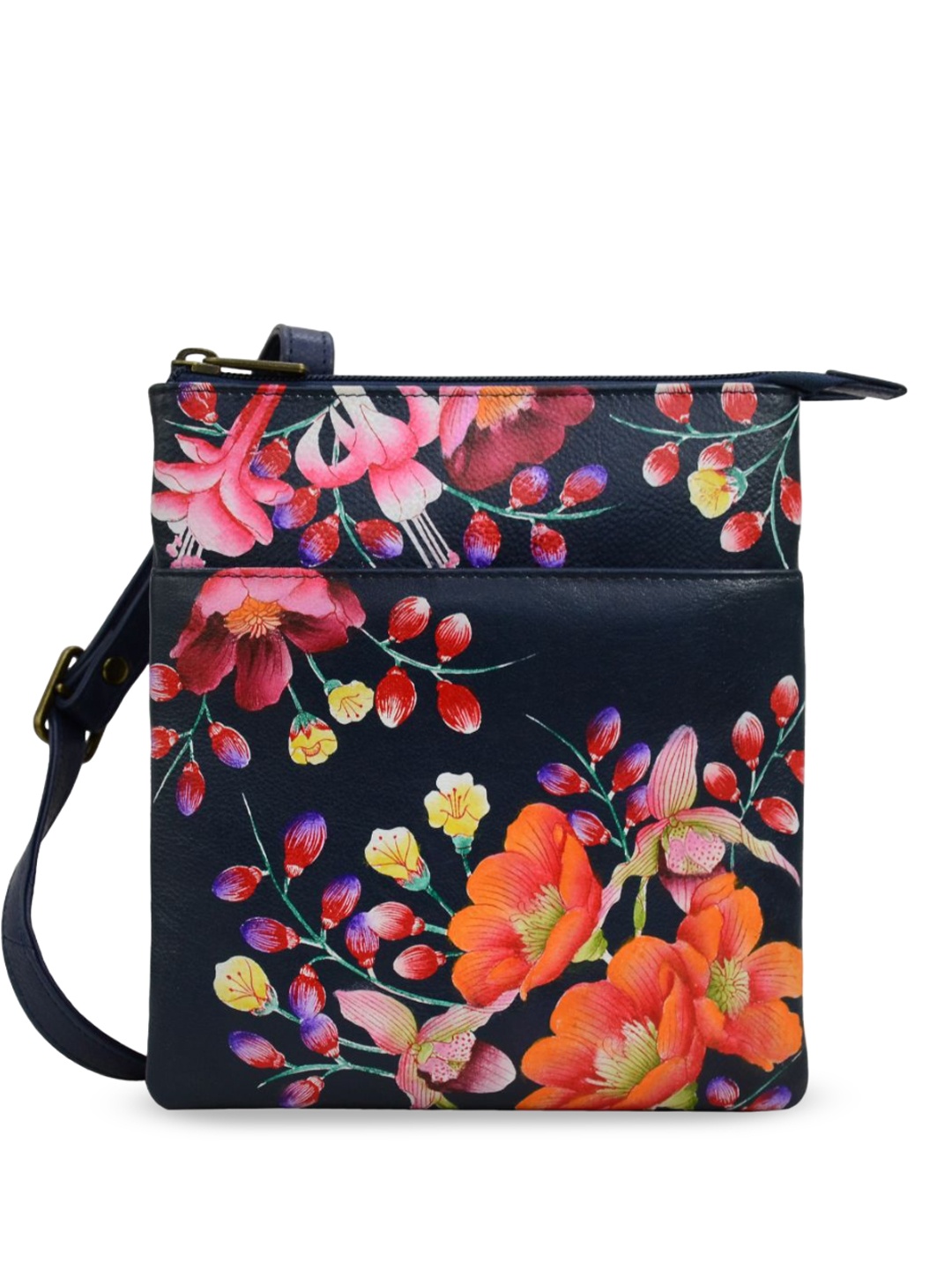 

Anuschka Floral Printed Leather Structured Sling Bag with Tasselled, Navy blue