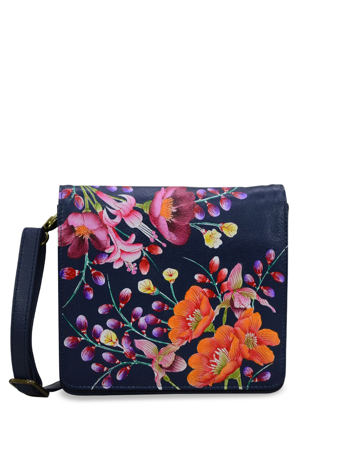 

Anuschka Floral Leather Structured Sling Bag with Tasselled, Navy blue