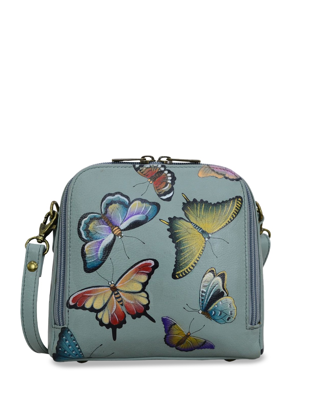 

Anuschka Floral Leather Structured Sling Bag, Grey melange