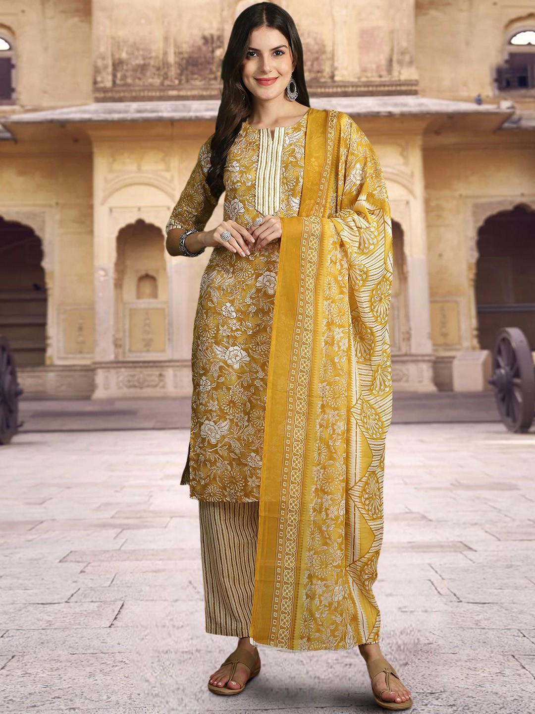 

7Threads Floral Printed Pure Cotton Straight Kurta With Trouser & Dupatta, Mustard