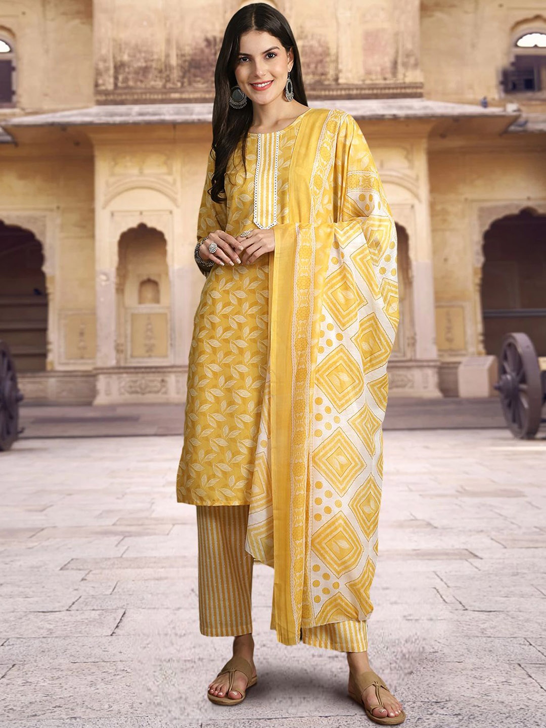 

7Threads Floral Printed Round Neck Pure Cotton Straight Kurta With Trousers & Dupatta, Yellow
