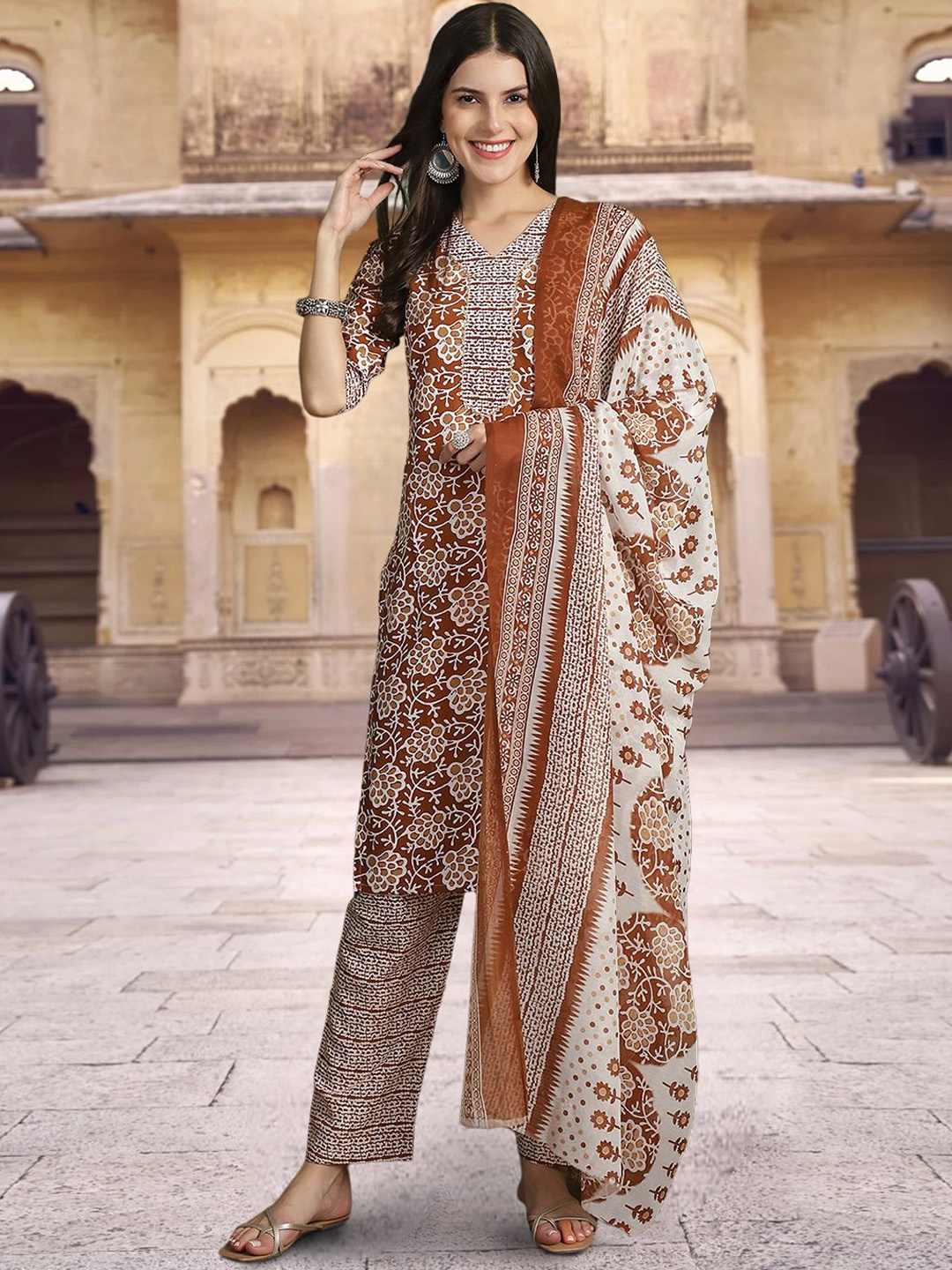 

7Threads Ethnic Motifs Printed Pure Cotton Straight Kurta With Trouser & Dupatta, Rust