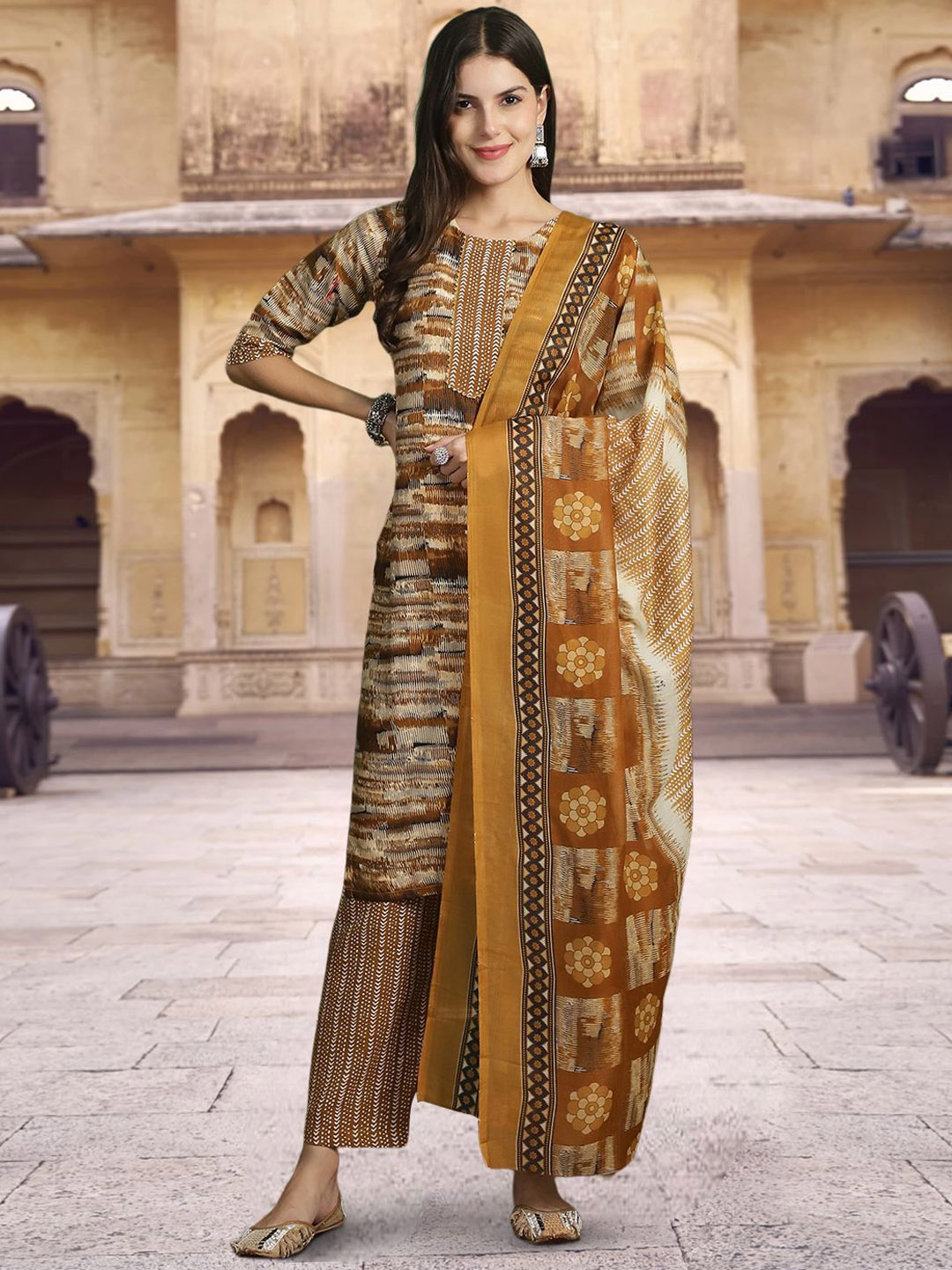 

7Threads Printed Regular Pure Cotton Straight Kurta With Trousers & Dupatta, Khaki