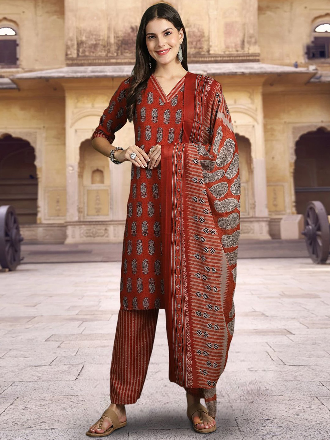 

7Threads Paisley Printed Pure Cotton Straight Kurta With Trouser & Dupatta, Red