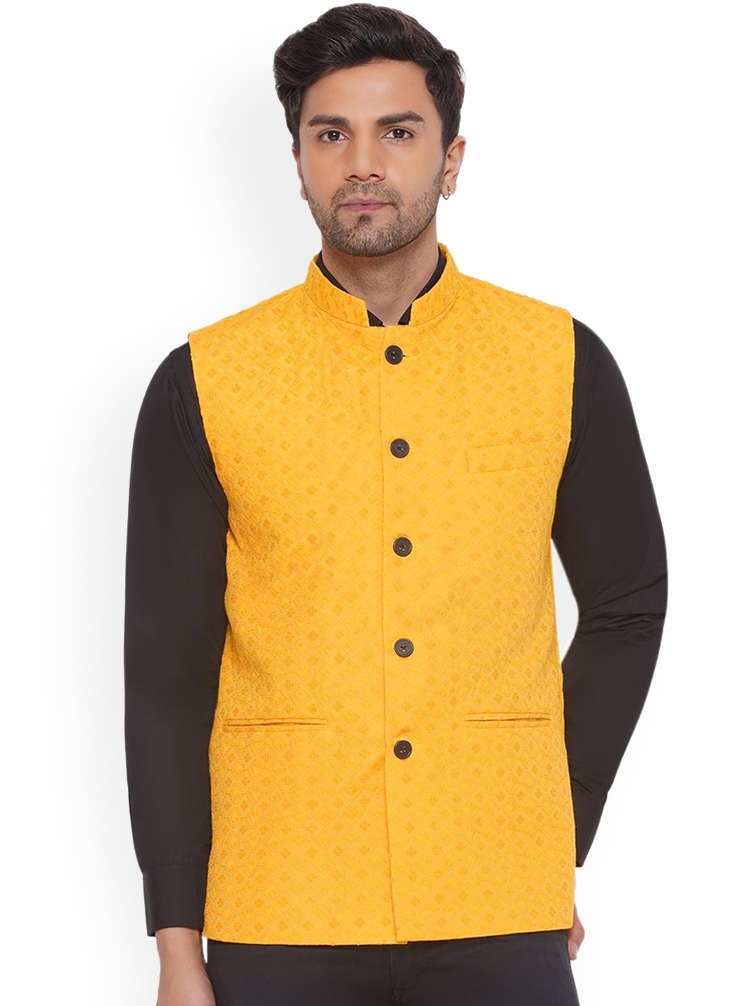 

VEERA PARIDHAAN Embroidered Woven Nehru Jacket, Yellow