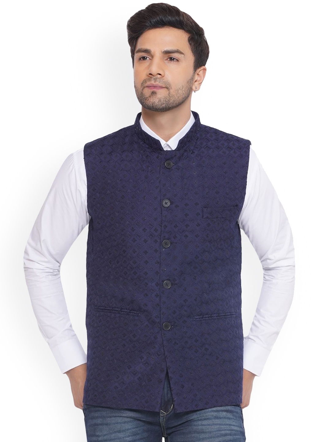 

VEERA PARIDHAAN Embroidered Woven Nehru Jacket, Blue