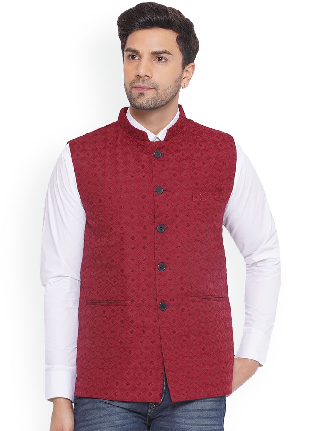 

VEERA PARIDHAAN Embroidered Woven Nehru Jacket, Maroon