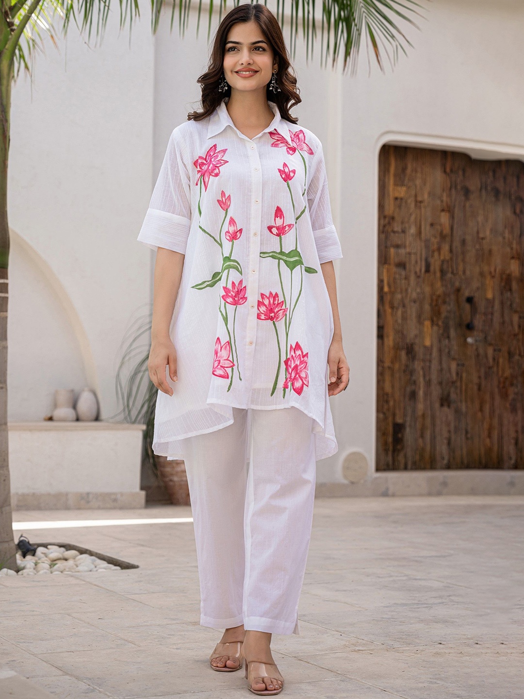 

AUTUMN LANE Teresa Lotus Printed Pure Cotton Top With Trousers, White