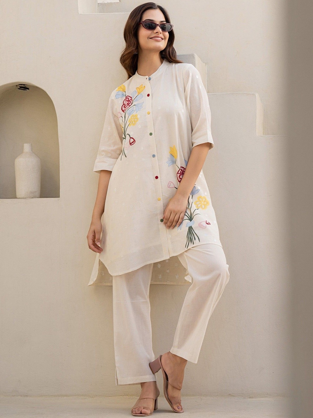 

AUTUMN LANE Teresa Wildflower Printed Pure Cotton Top With Trousers, Off white