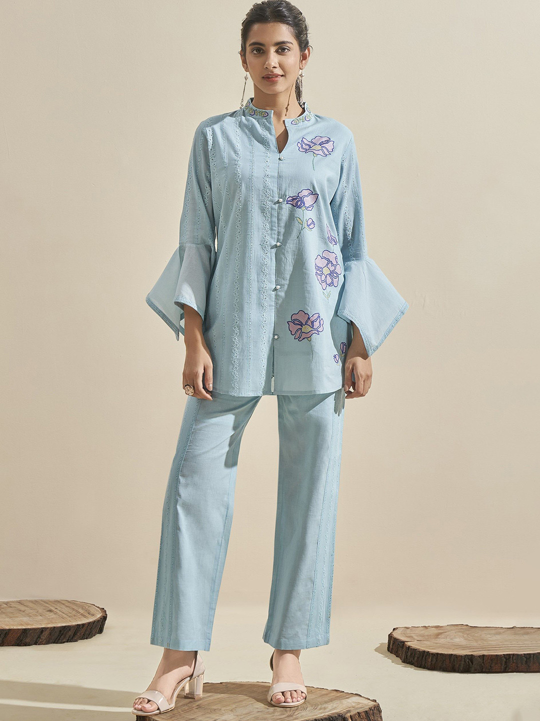 

AUTUMN LANE Embroidered Cleo Softblue Mandarin Collar Pure Cotton Top With Trousers, Blue