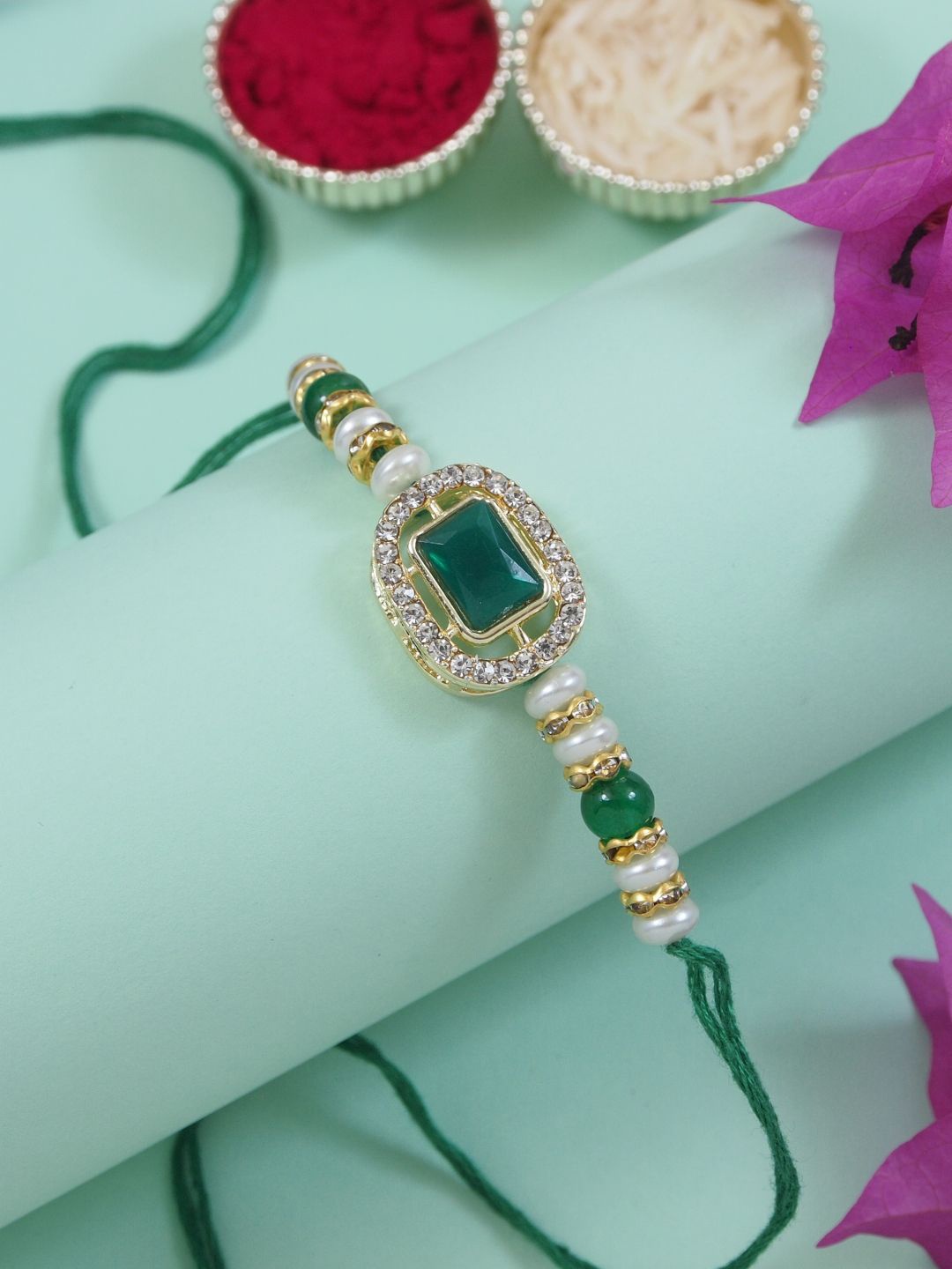 

I Jewels Kundan Studded Pearl Beaded Thread Rakhi With Roli Chawal, Green