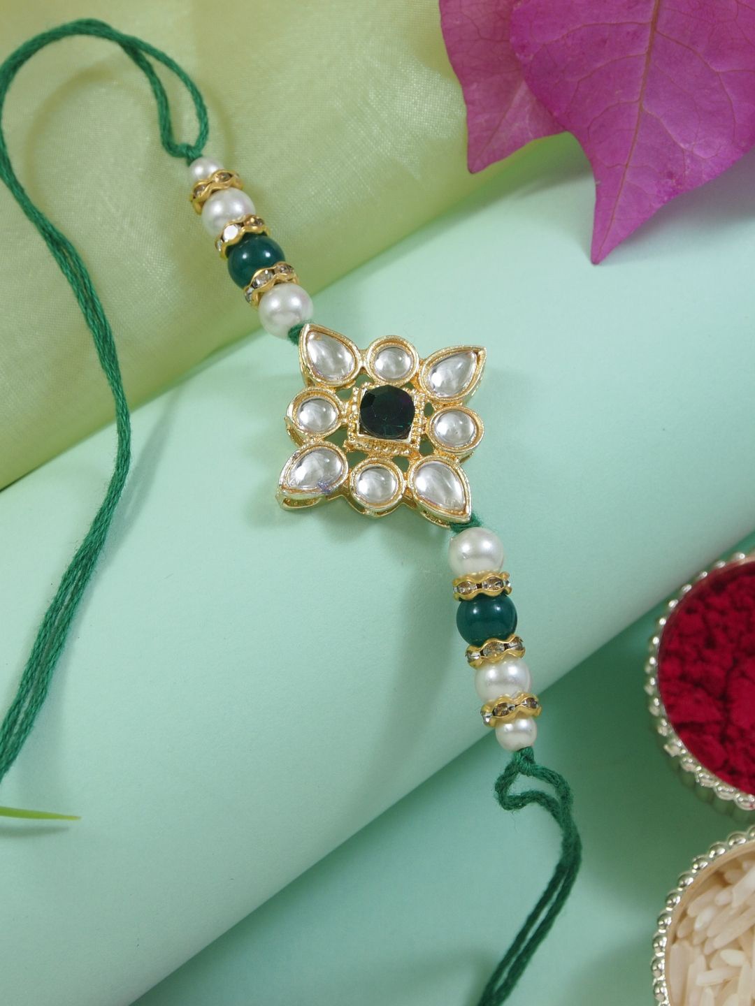 

I Jewels Kundan Studded Pearl Beaded Thread Rakhi With Roli Chawal, Green