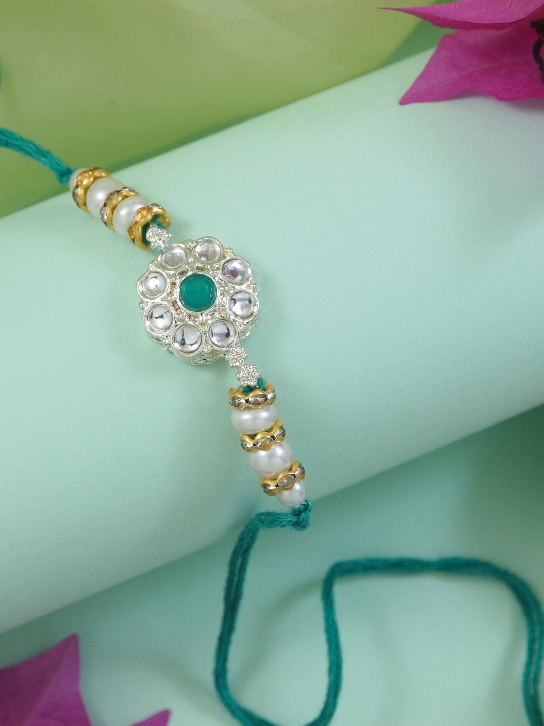 

I Jewels Kundan Studded Pearl Beaded Thread Rakhi With Roli Chawal, Green