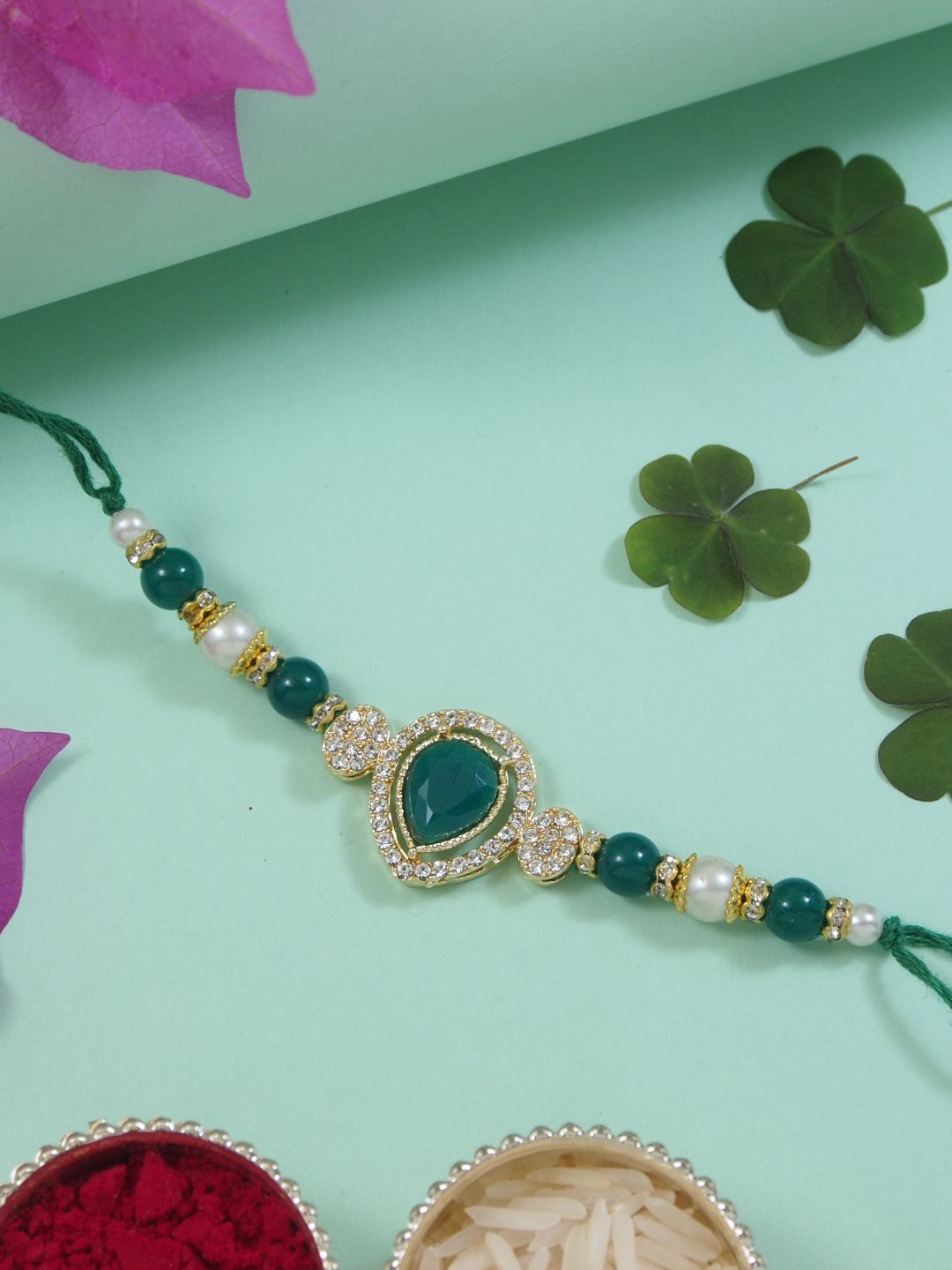 

I Jewels Kundan Studded Pearl Beaded Thread Rakhi With Roli Chawal & Rakshabandhan Card, Green